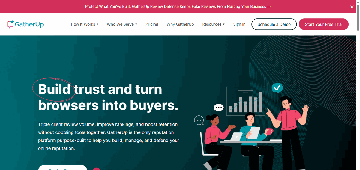 The GatherUp homepage in 2026, positioning a feedback and reputation platform for agencies.