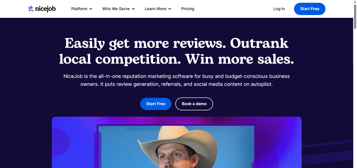The NiceJob homepage in 2026, headlining its simple review-marketing tool for small businesses.