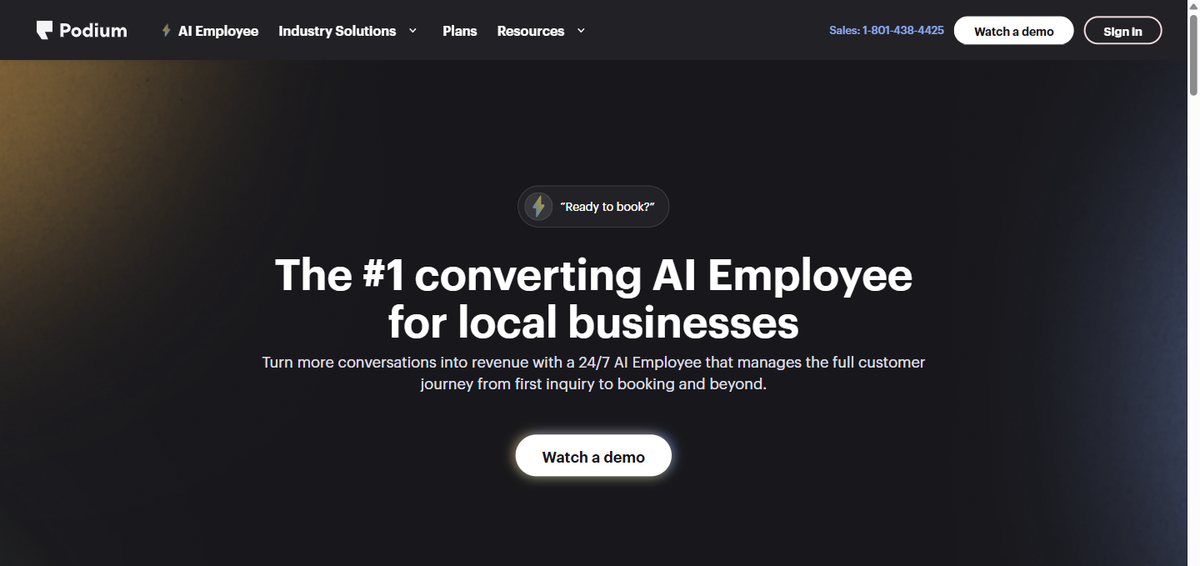 The Podium homepage in 2026, leading with AI lead conversion alongside reviews.