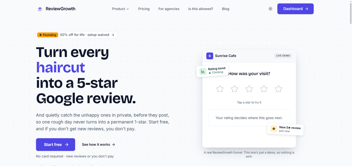 The ReviewGrowth review funnel, showing a customer tapping a star rating to leave a review.